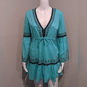 Aqua embroidered tunic cover up